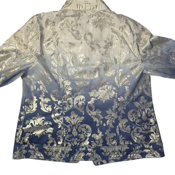 Chico's Foil‎ Print Open Front Jacket Size 2/L Blue to White Ombre Zip Pockets - Picture 4 of 10
